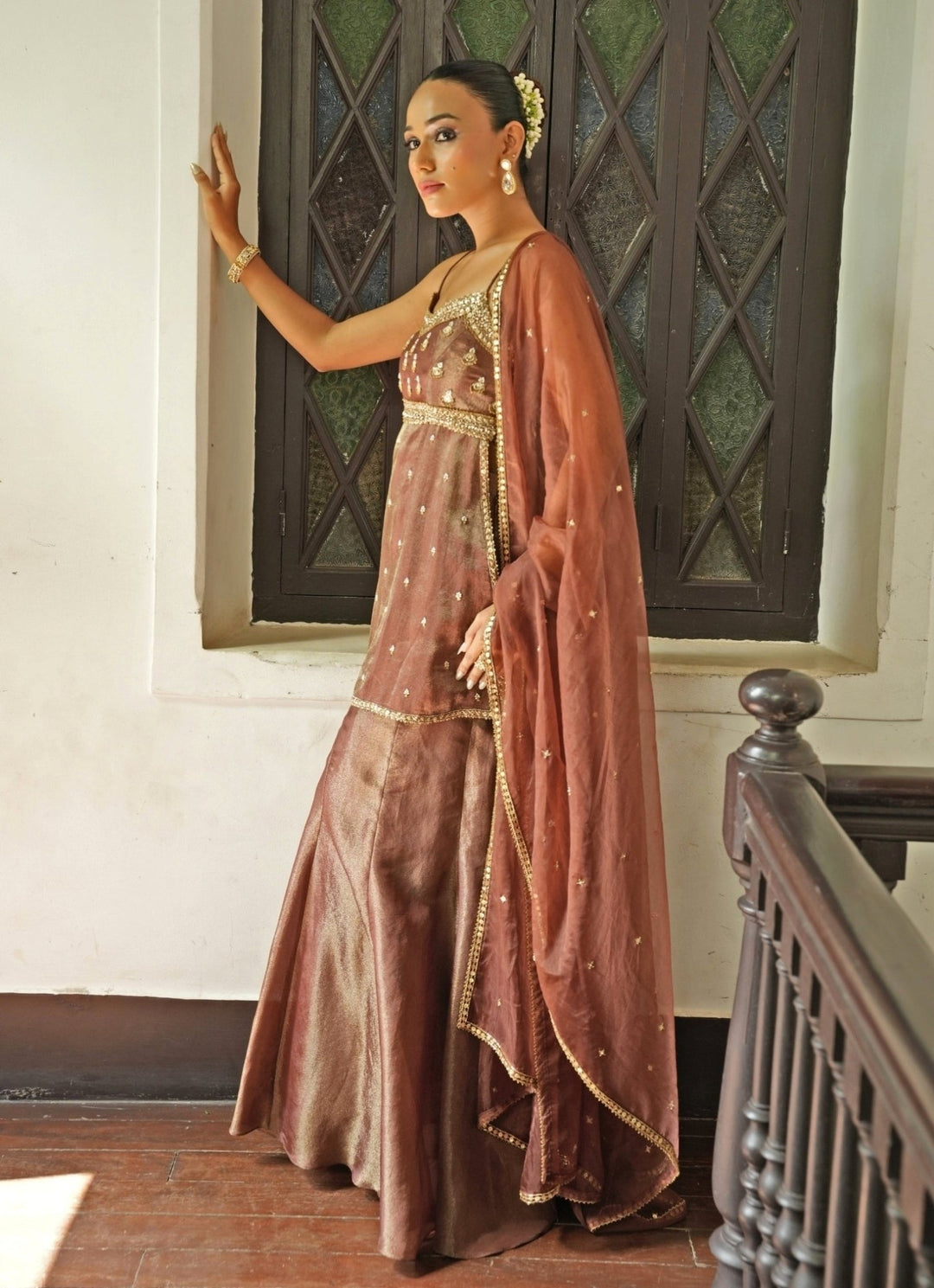 Nude Brown Zari Silk Sharara Set Enamour by Radha - Fabilicious Fashion