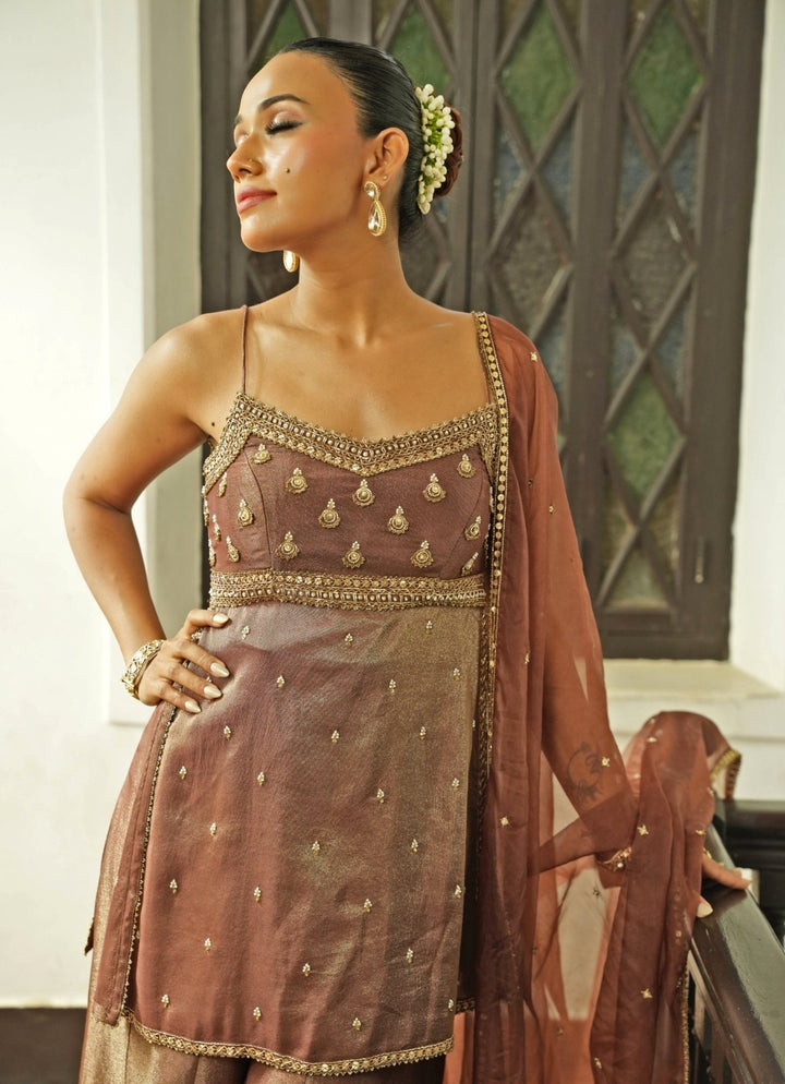Nude Brown Zari Silk Sharara Set Enamour by Radha - Fabilicious Fashion