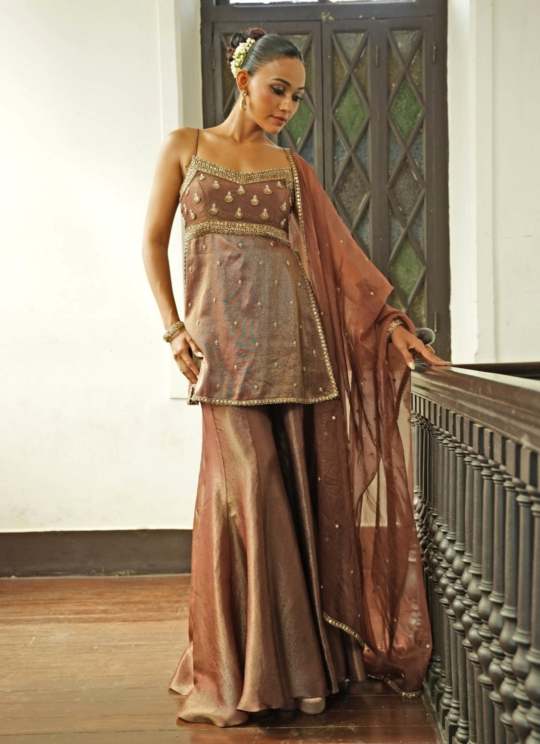Nude Brown Zari Silk Sharara Set Enamour by Radha - Fabilicious Fashion