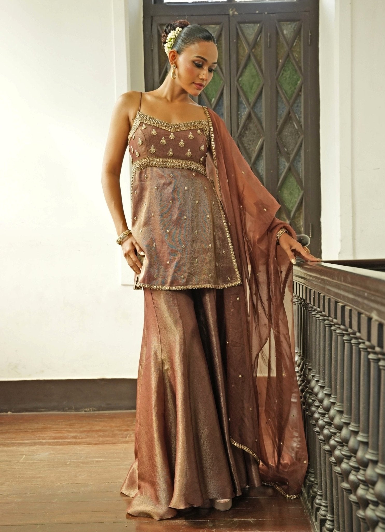 Enamour nude brown zari silk kurta sharara — lightweight sharara set