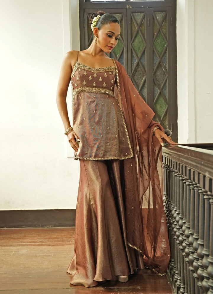 Nude Brown Zari Silk Sharara Set Enamour by Radha - Fabilicious Fashion