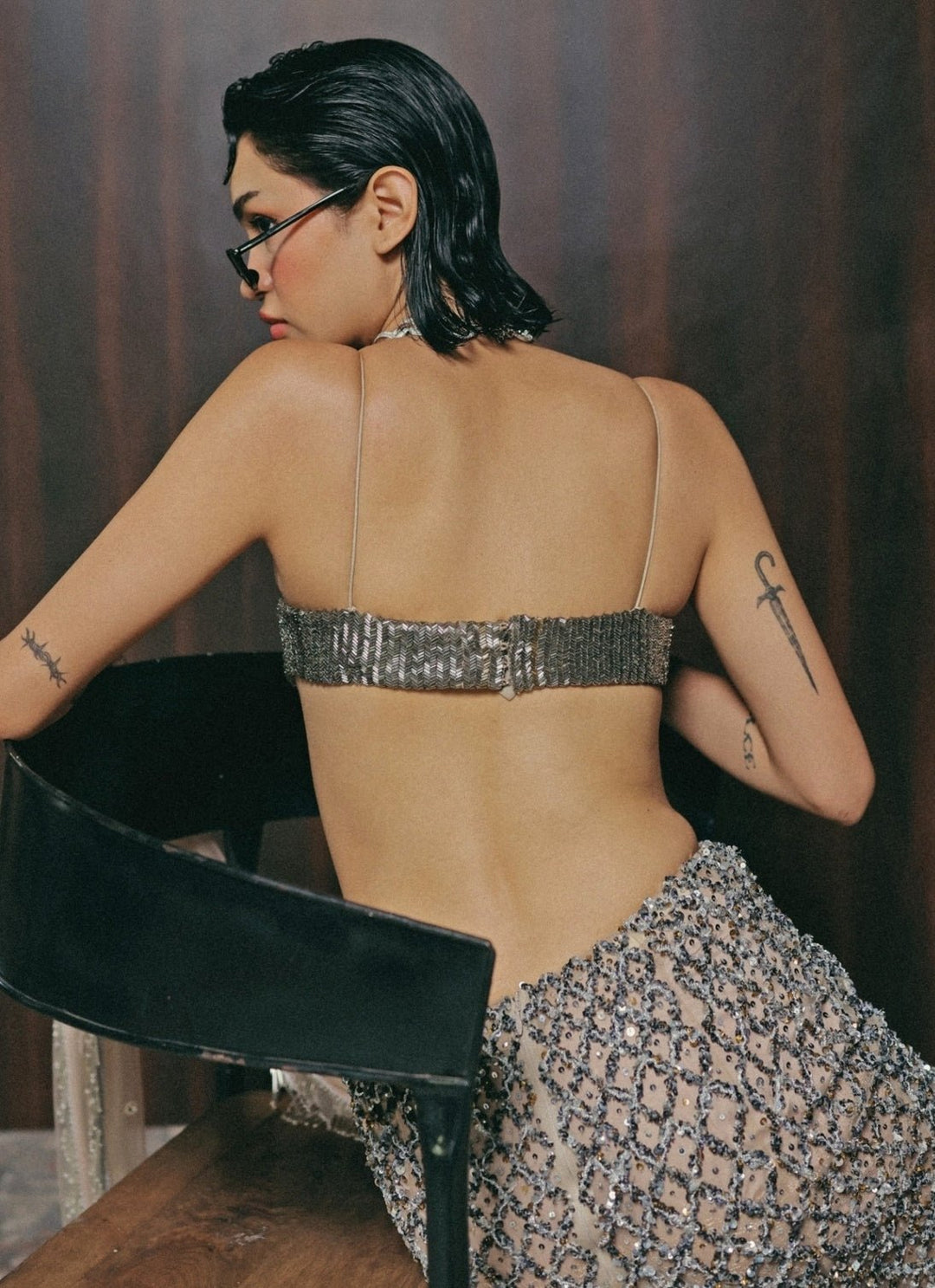 The Little Black Bow Nude Gold And Grey Soft Net Concept SareeFabilicious Fashion