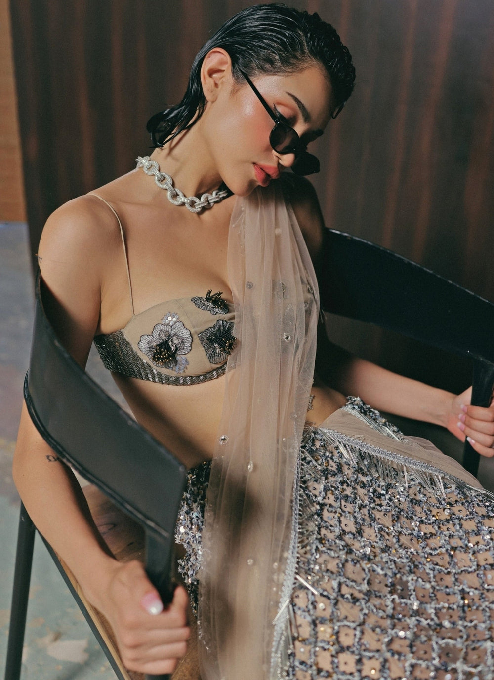 The Little Black Bow Nude Gold And Grey Soft Net Concept SareeFabilicious Fashion