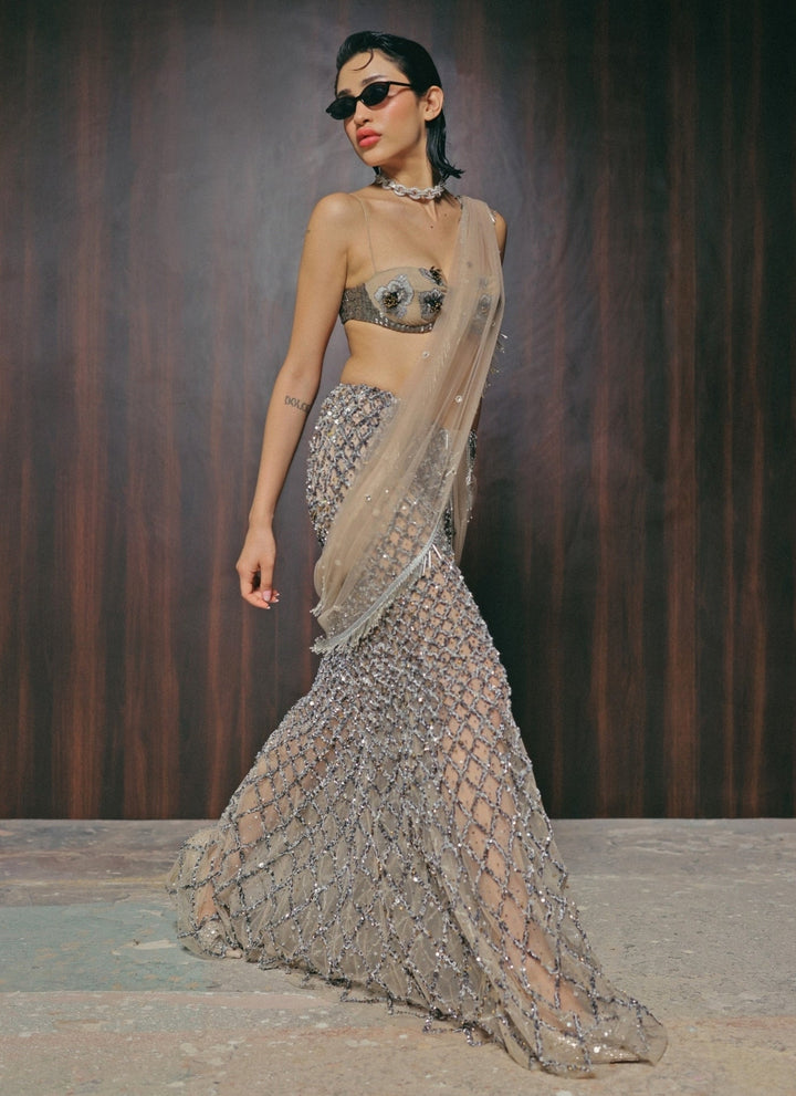 The Little Black Bow Nude Gold And Grey Soft Net Concept SareeFabilicious Fashion