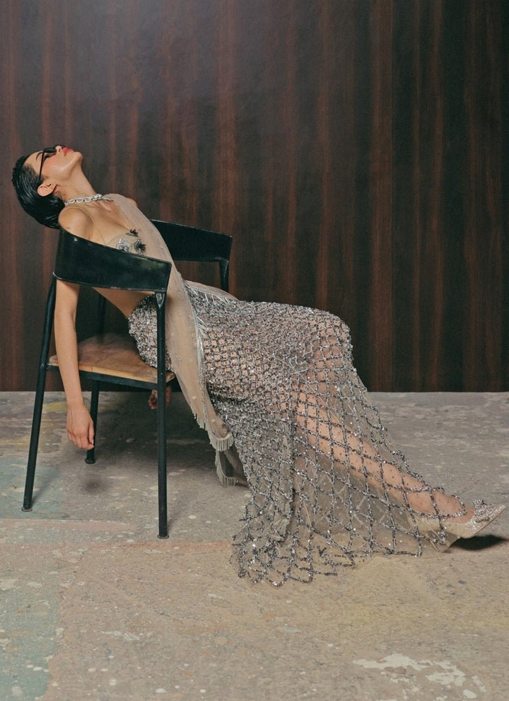 The Little Black Bow Nude Gold And Grey Soft Net Concept SareeFabilicious Fashion