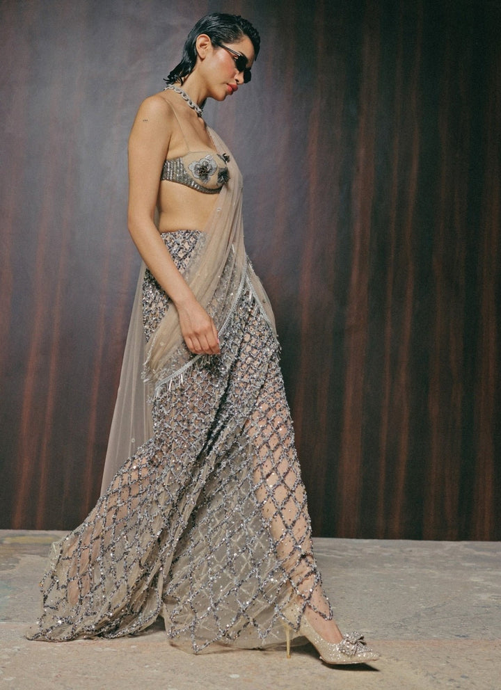 The Little Black Bow Nude Gold And Grey Soft Net Concept SareeFabilicious Fashion