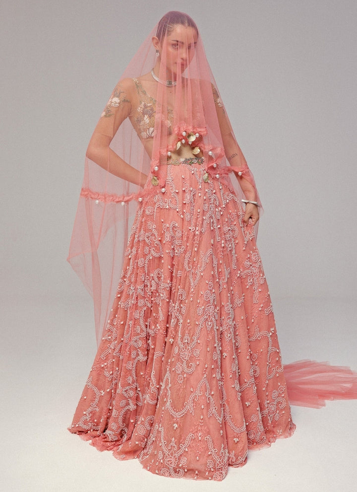 The Little Black Bow Nude Gold And Pink Corded Lace Lehenga SetFabilicious Fashion