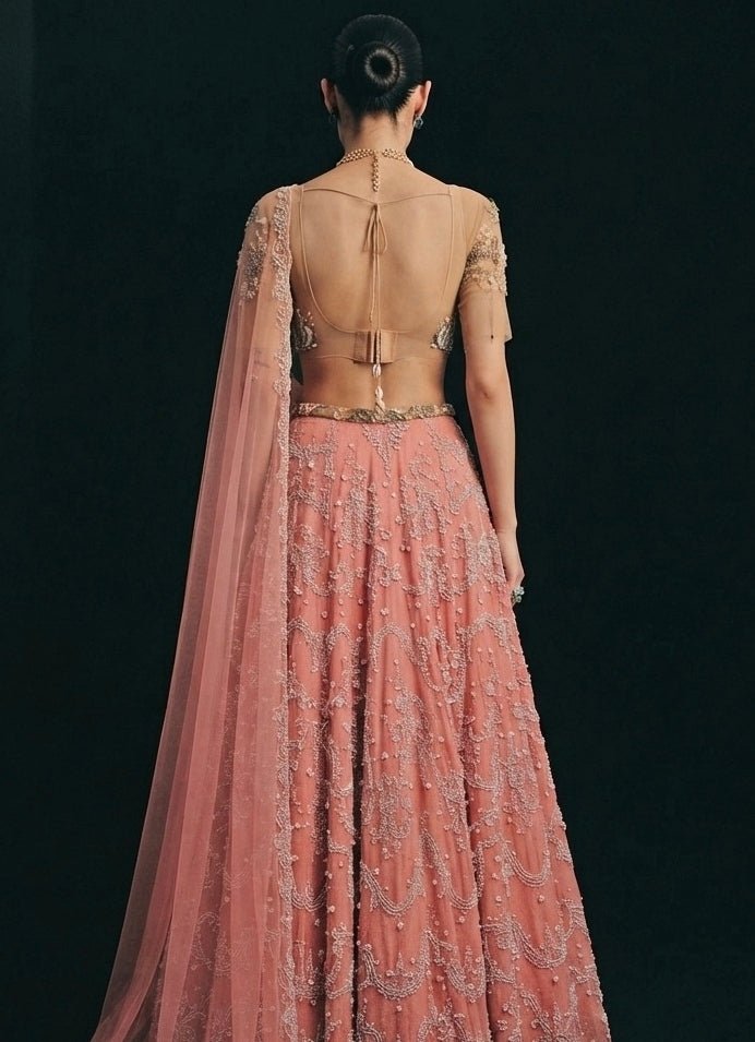 The Little Black Bow Nude Gold And Pink Corded Lace Lehenga SetFabilicious Fashion