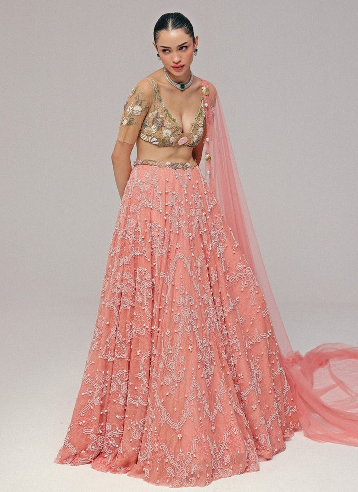 The Little Black Bow Nude Gold And Pink Corded Lace Lehenga SetFabilicious Fashion