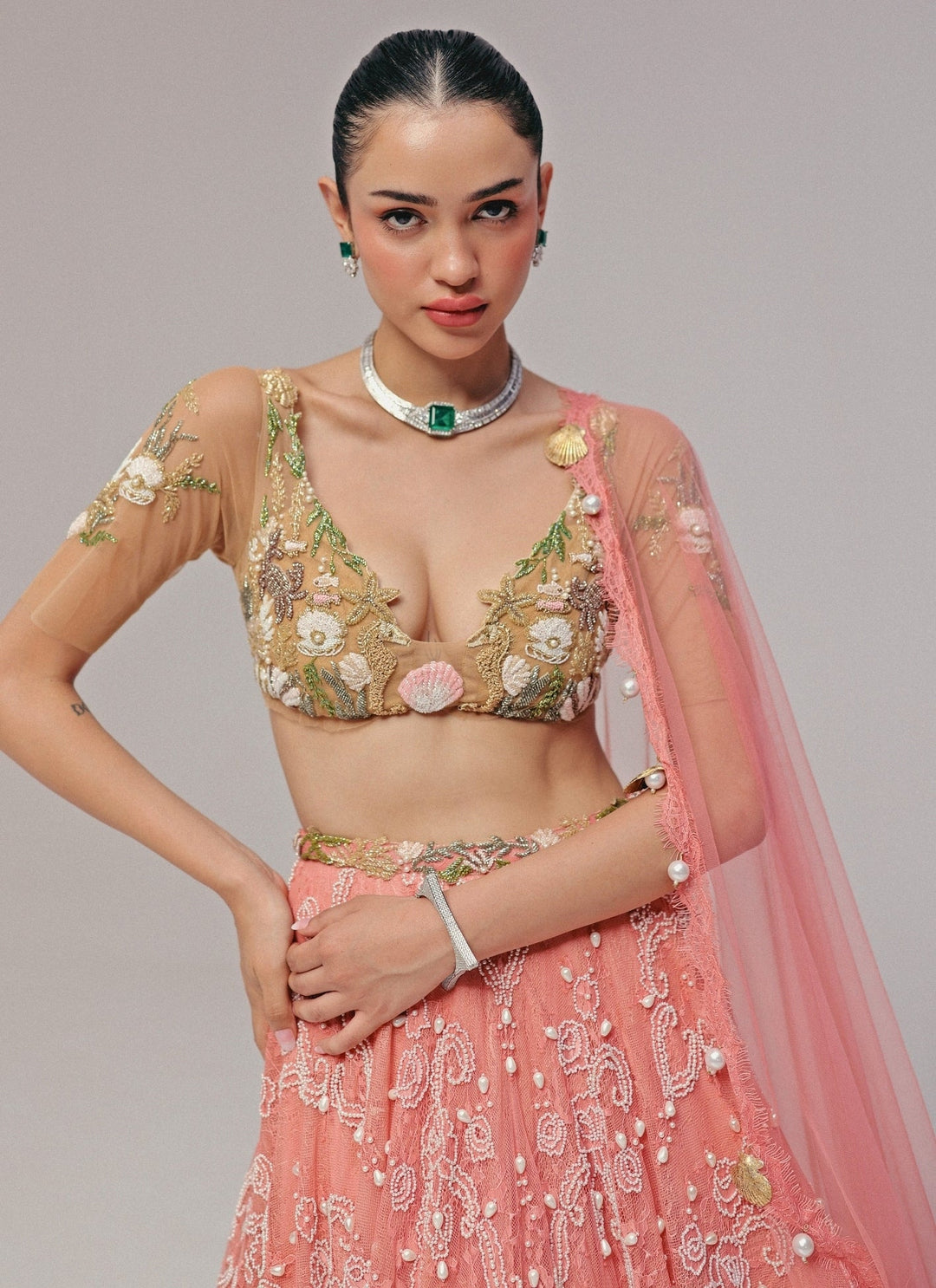 The Little Black Bow Nude Gold And Pink Corded Lace Lehenga SetFabilicious Fashion