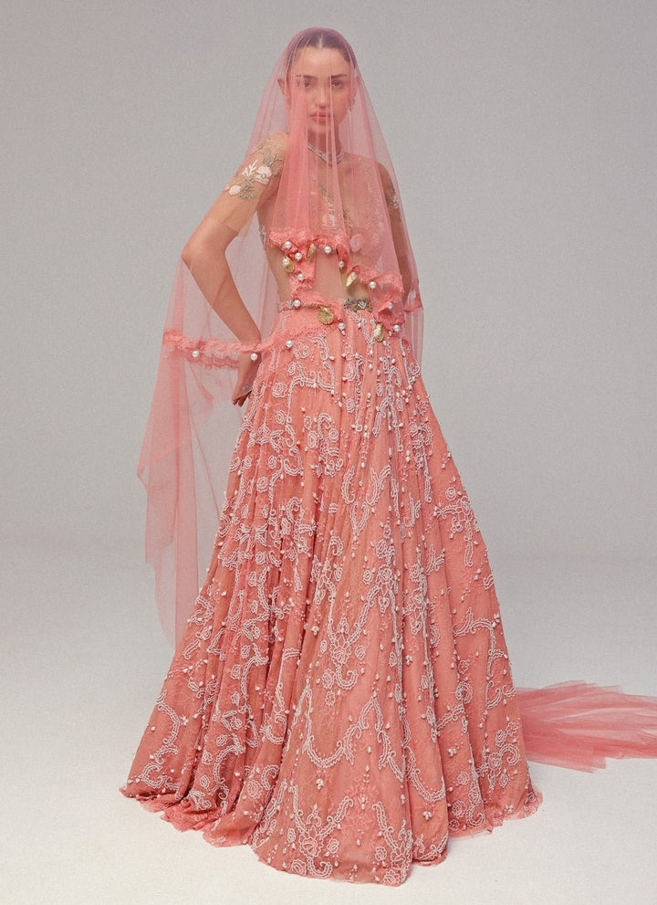 The Little Black Bow Nude Gold And Pink Corded Lace Lehenga SetFabilicious Fashion