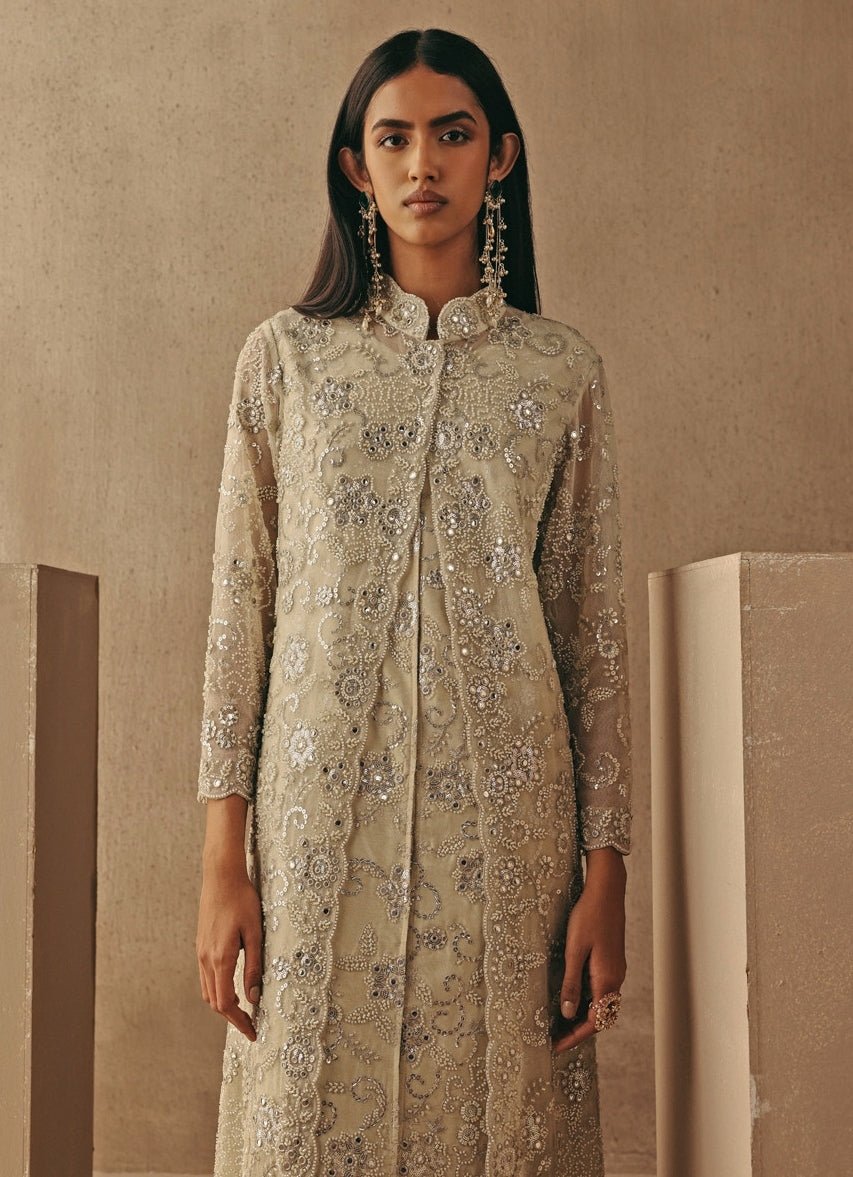 Nude Gold And Silver Soft Net Layered Jacket Pant Set Twenty Nine - Fabilicious Fashion