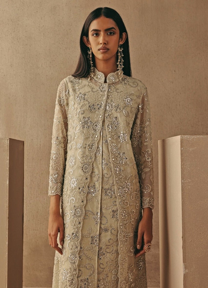 Nude Gold And Silver Soft Net Layered Jacket Pant Set Twenty Nine - Fabilicious Fashion