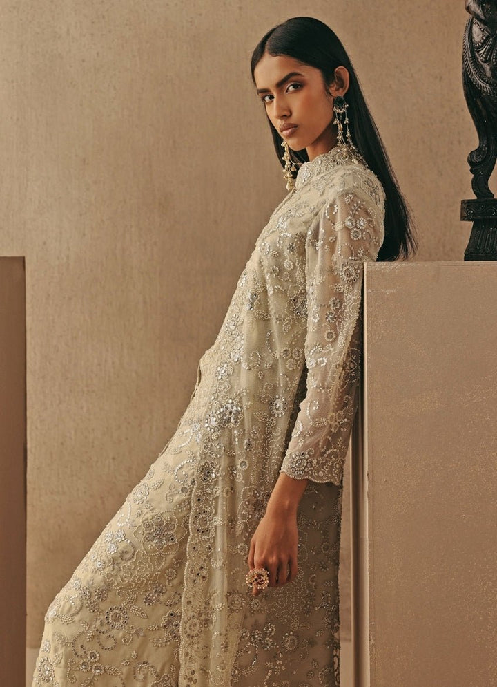 Nude Gold And Silver Soft Net Layered Jacket Pant Set Twenty Nine - Fabilicious Fashion