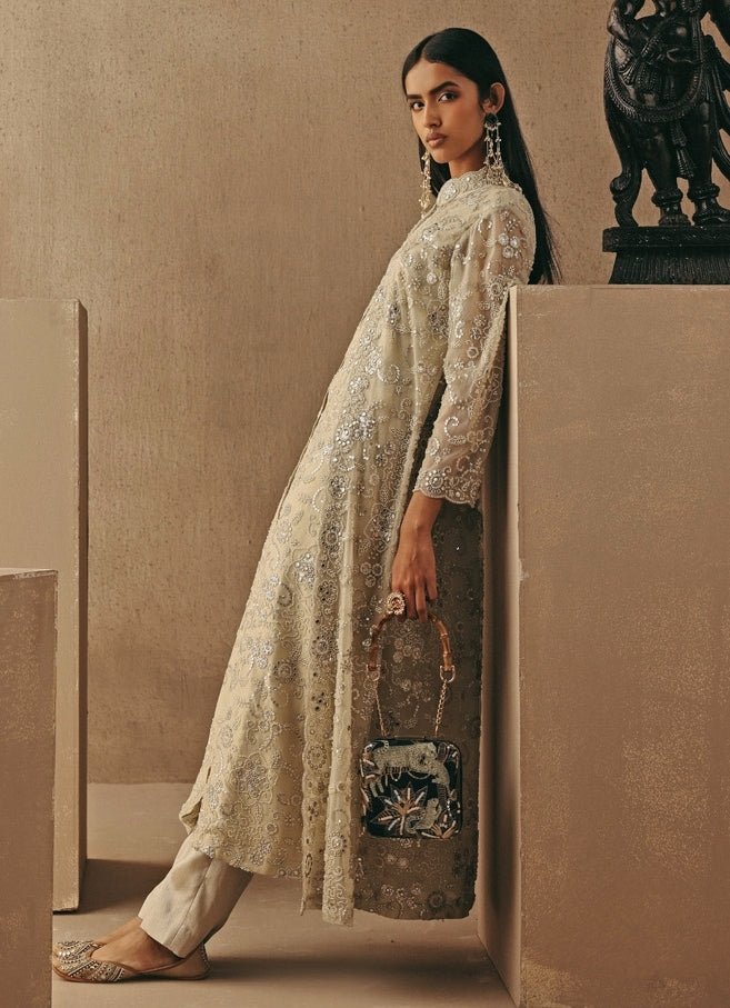 Nude Gold And Silver Soft Net Layered Jacket Pant Set Twenty Nine - Fabilicious Fashion