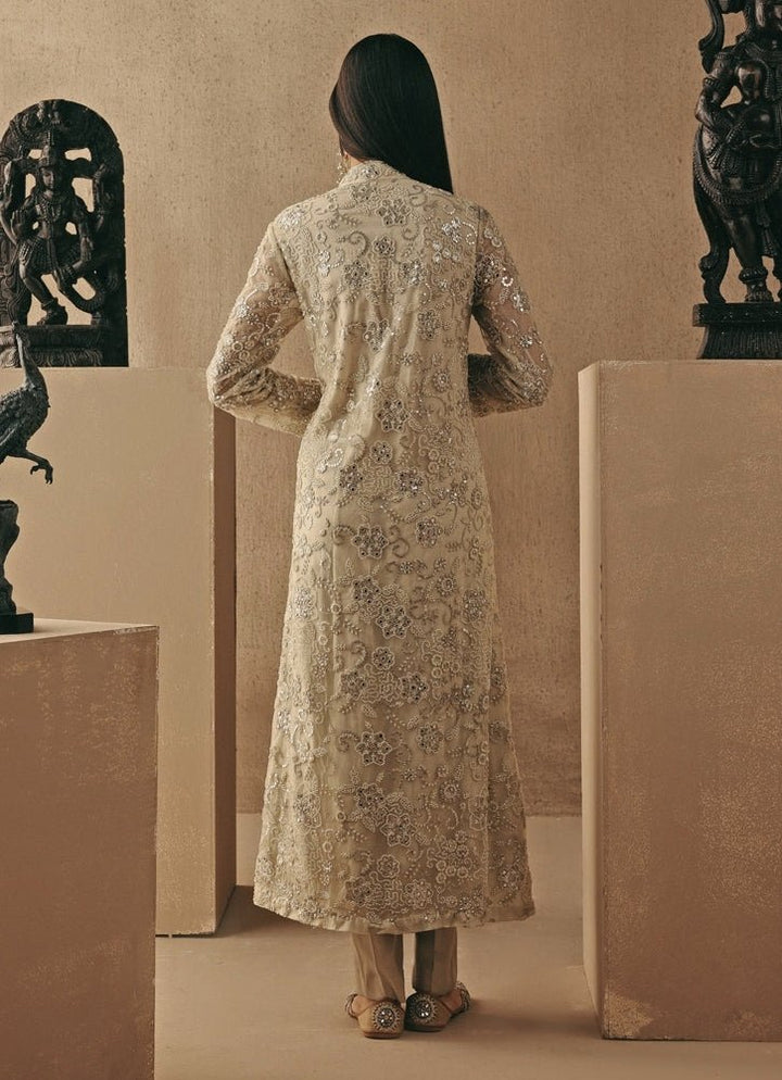 Nude Gold And Silver Soft Net Layered Jacket Pant Set Twenty Nine - Fabilicious Fashion