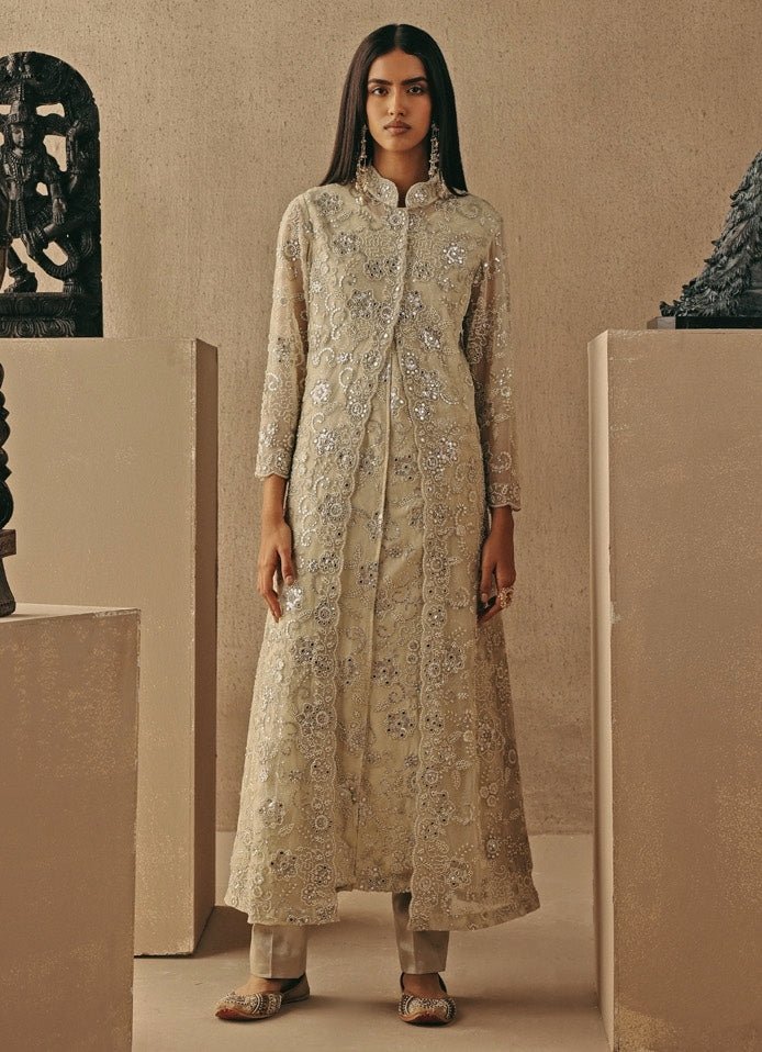 Nude Gold And Silver Soft Net Layered Jacket Pant Set Twenty Nine - Fabilicious Fashion