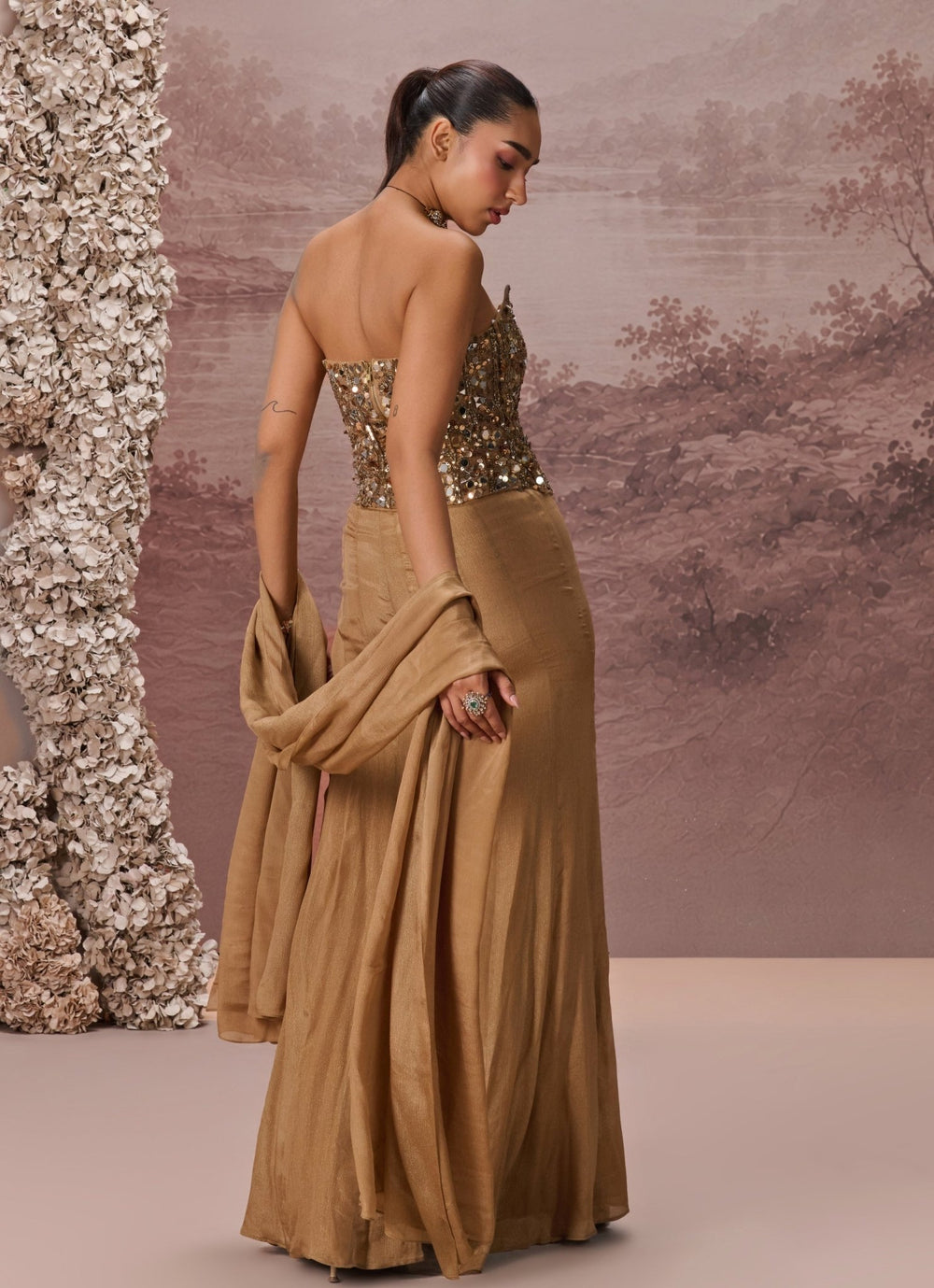 Parul Gandhi Nude Gold Chinon Corset Pant SetFabilicious Fashion