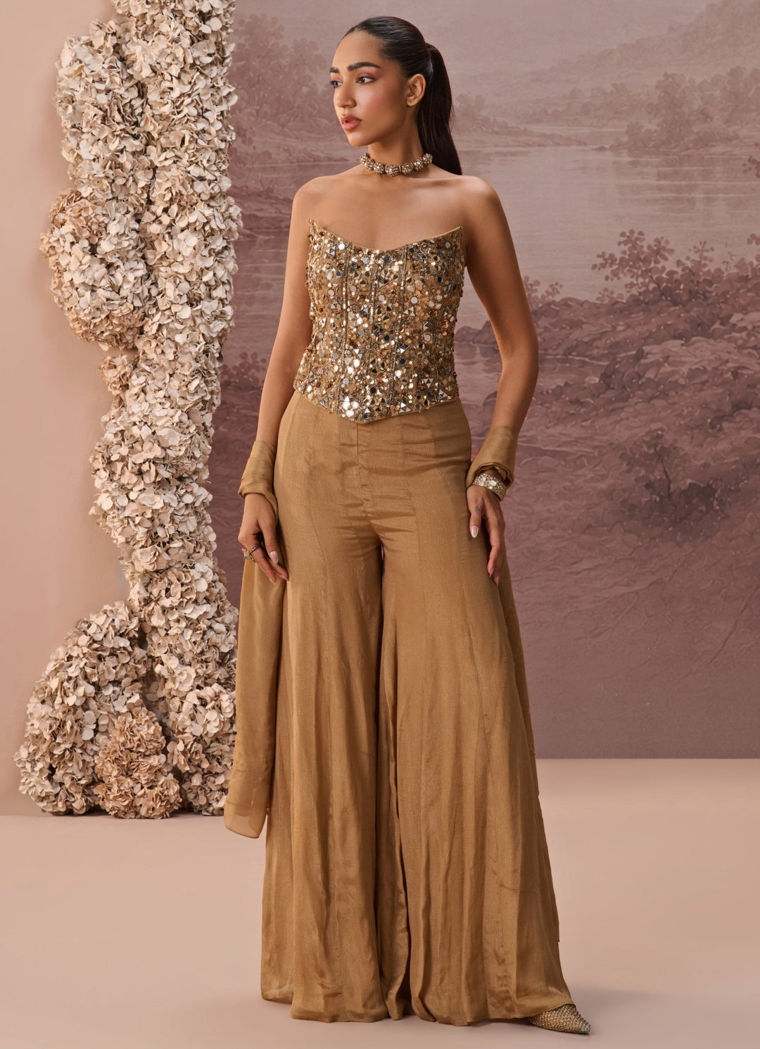 Parul Gandhi Nude Gold Chinon Corset Pant SetFabilicious Fashion