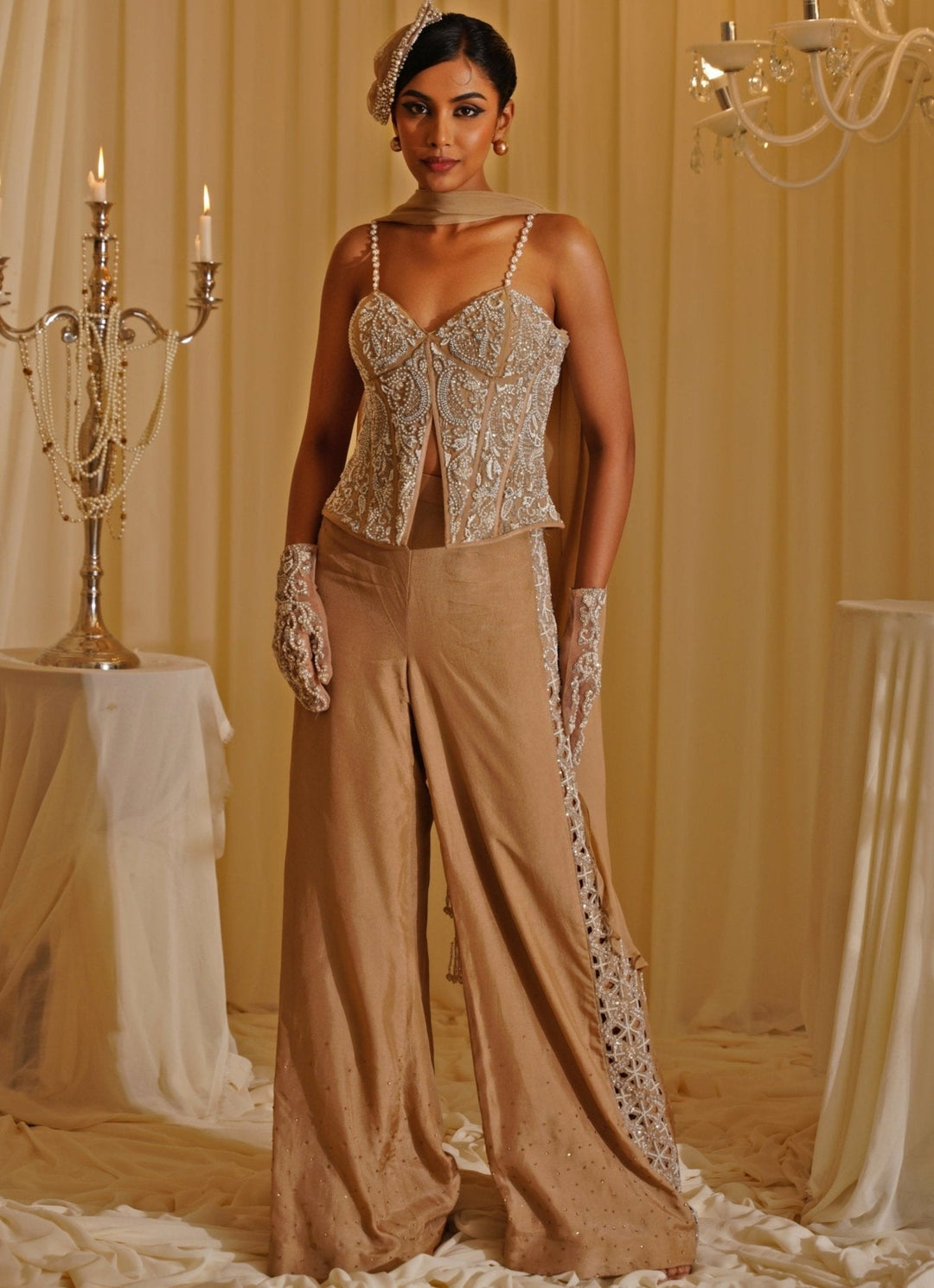 Nude Gold Corset Top And Pants Set Jade by Ashima - Fabilicious Fashion