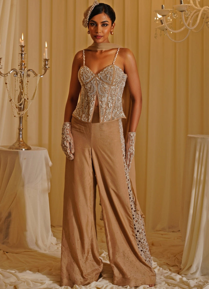 Nude Gold Corset Top And Pants Set Jade by Ashima - Fabilicious Fashion