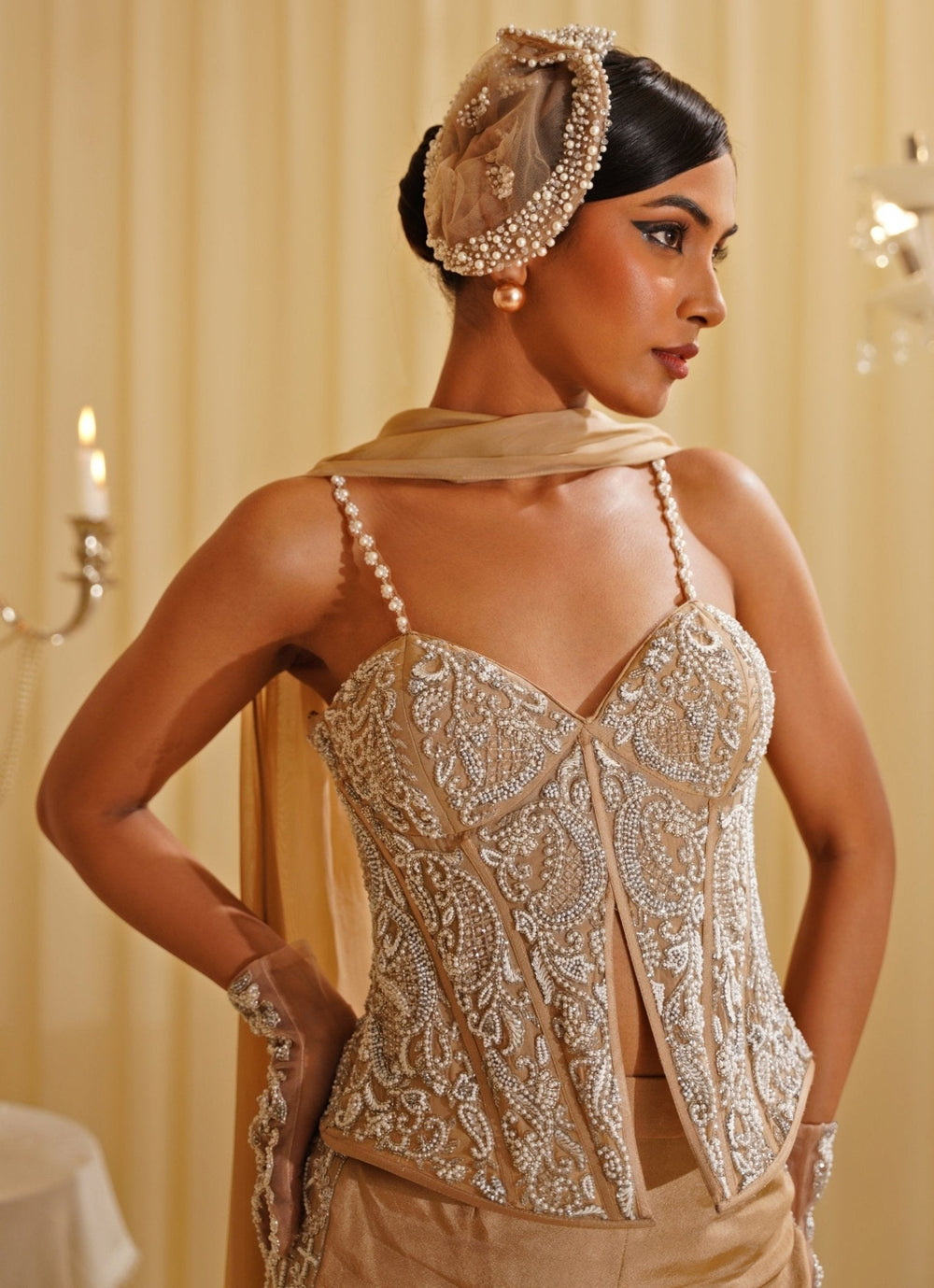 Nude Gold Corset Top And Pants Set Jade by Ashima - Fabilicious Fashion
