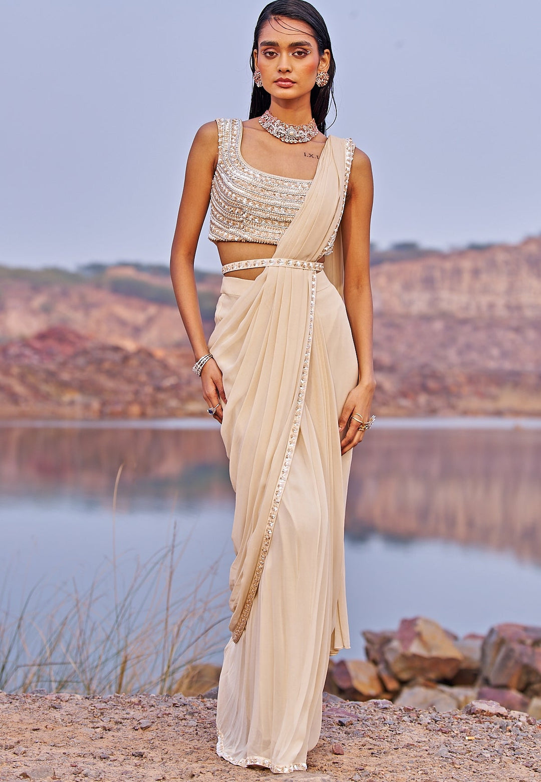 Nude Gold Diva Saree With Belt Nidhika Shekhar - Fabilicious Fashion