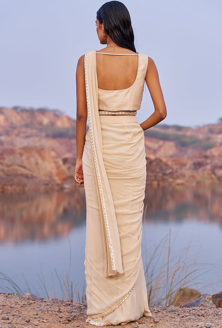 Nude Gold Diva Saree With Belt Nidhika Shekhar - Fabilicious Fashion
