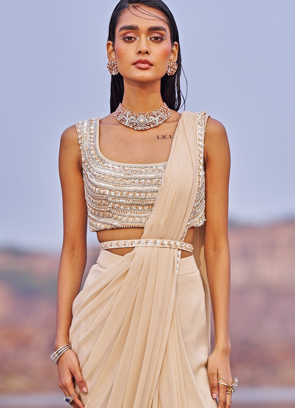 Nude Gold Diva Saree With Belt Nidhika Shekhar - Fabilicious Fashion