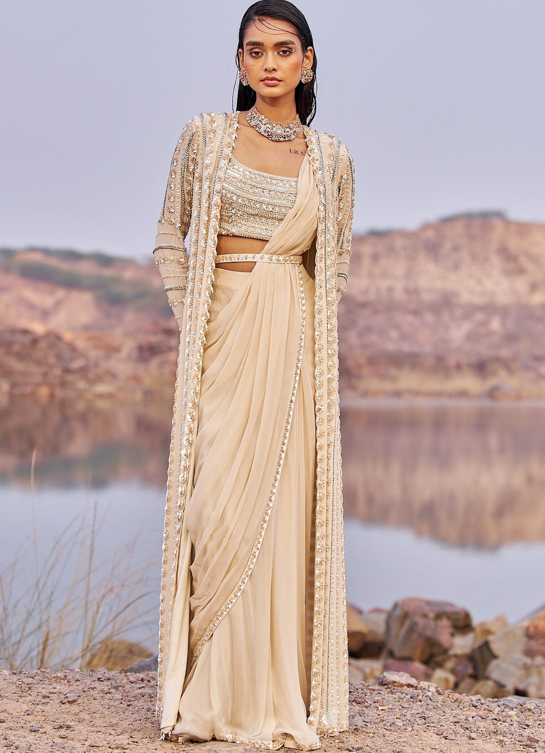 Nude Gold Diva Sequinned Saree And Cape Nidhika Shekhar - Fabilicious Fashion