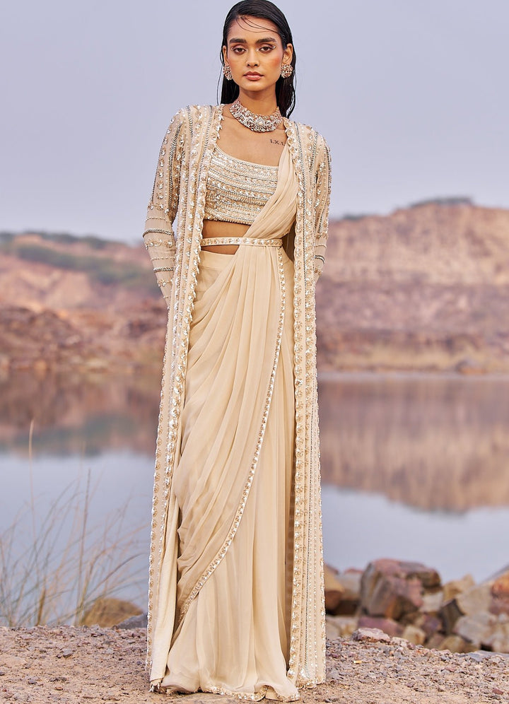 Nude Gold Diva Sequinned Saree And Cape Nidhika Shekhar - Fabilicious Fashion