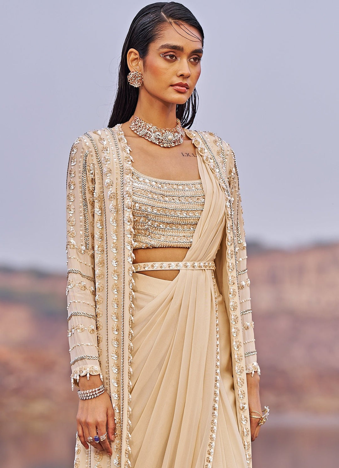 Nude Gold Diva Sequinned Saree And Cape Nidhika Shekhar - Fabilicious Fashion