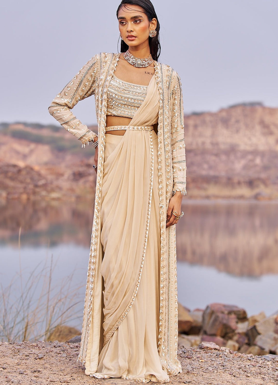 Nude Gold Diva Sequinned Saree And Cape Nidhika Shekhar - Fabilicious Fashion