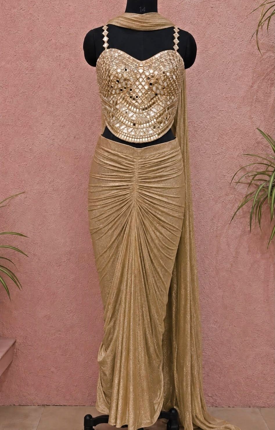 Anisha Shetty Nude Gold Drape Skirt Set With Corset BlouseFabilicious Fashion