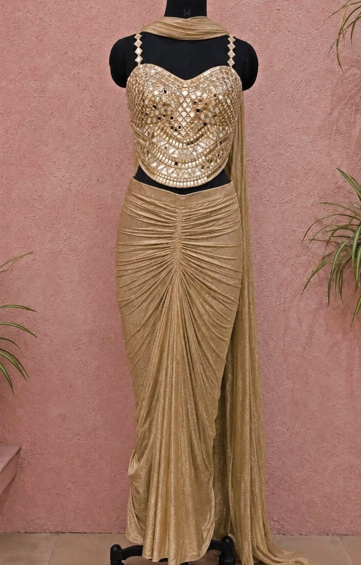 Anisha Shetty Nude Gold Drape Skirt Set With Corset BlouseFabilicious Fashion
