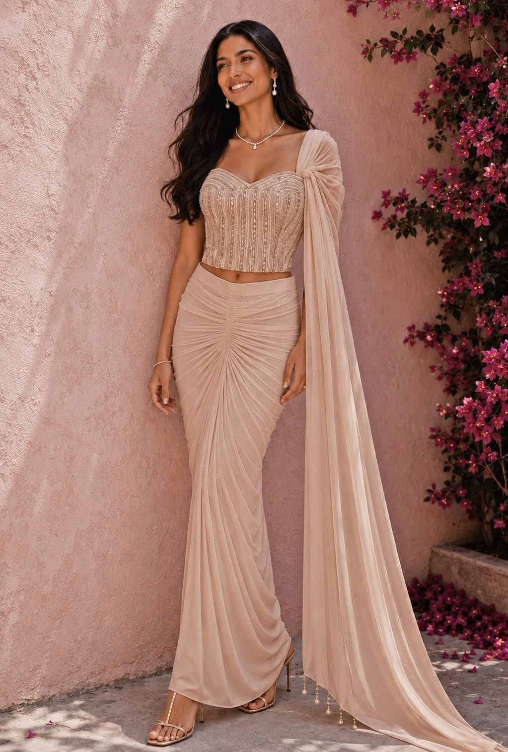 Anisha Shetty Nude Gold Drape Skirt With CorsetFabilicious Fashion