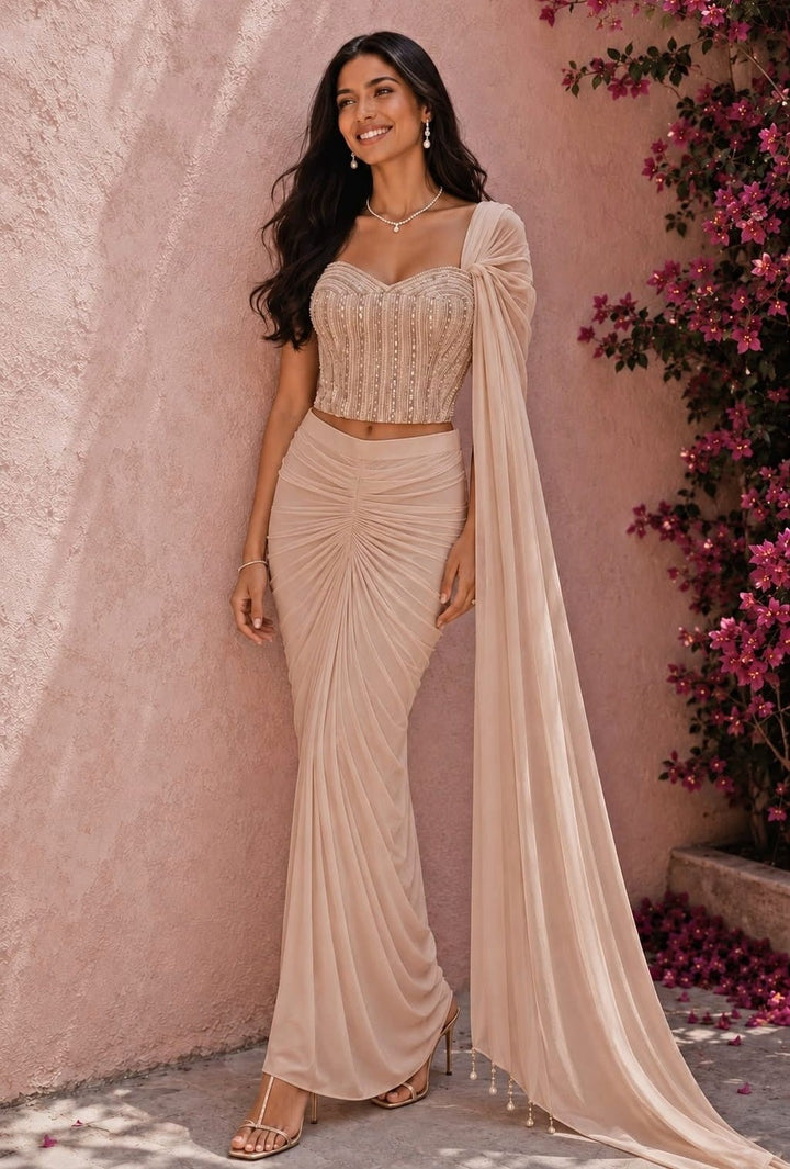 Anisha Shetty Nude Gold Drape Skirt With CorsetFabilicious Fashion
