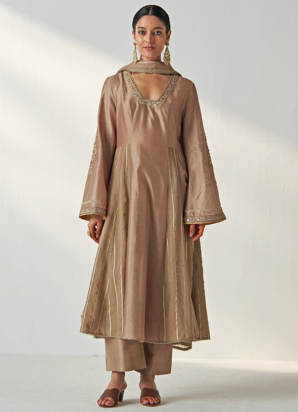 Nude Gold Embroidered Chanderi Anarkali Pant Set Studio Bagechaa - Fabilicious Fashion