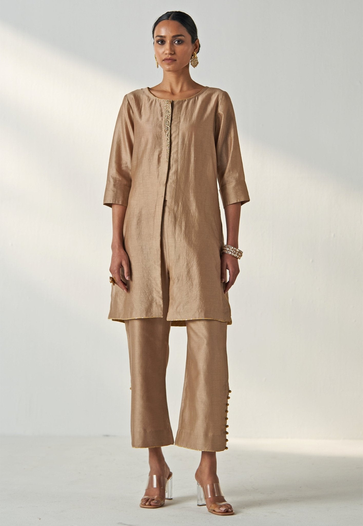 nude gold embroidered kurta co ord set wedding party outfit