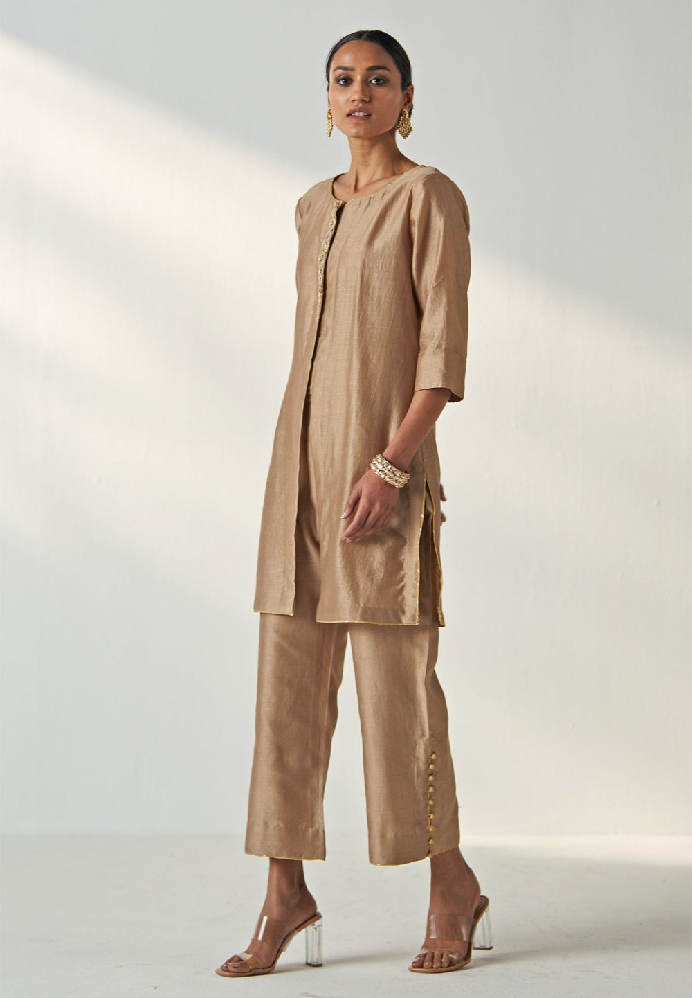 Nude Gold Embroidered Chanderi Kurta Pant Set Studio Bagechaa - Fabilicious Fashion