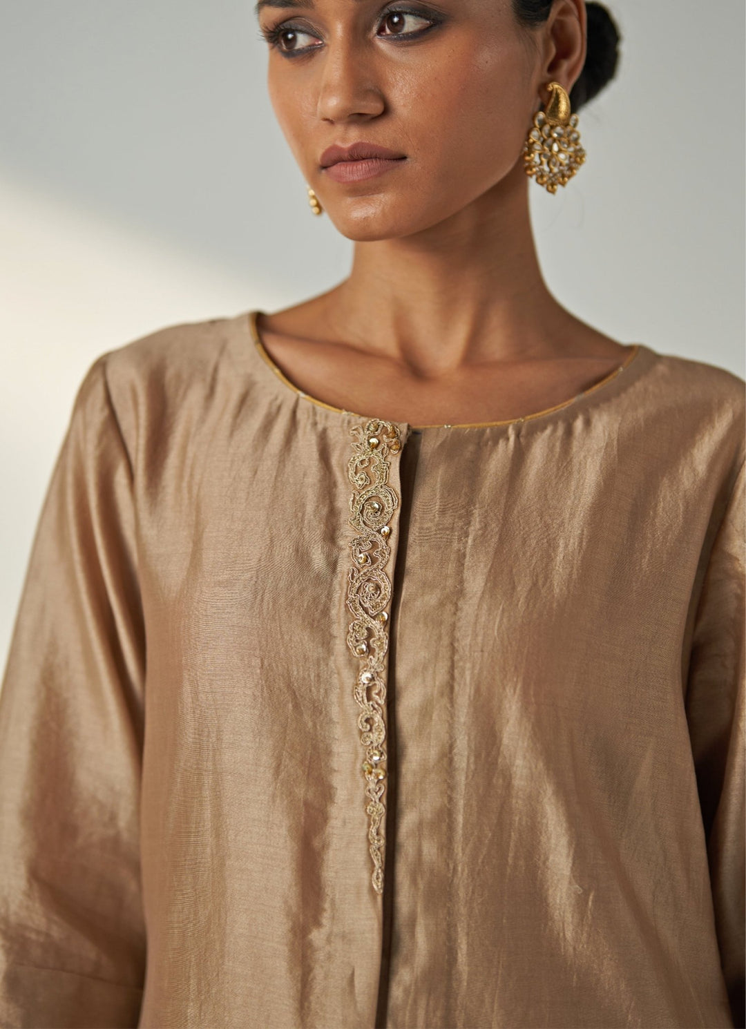 Nude Gold Embroidered Chanderi Kurta Pant Set Studio Bagechaa - Fabilicious Fashion