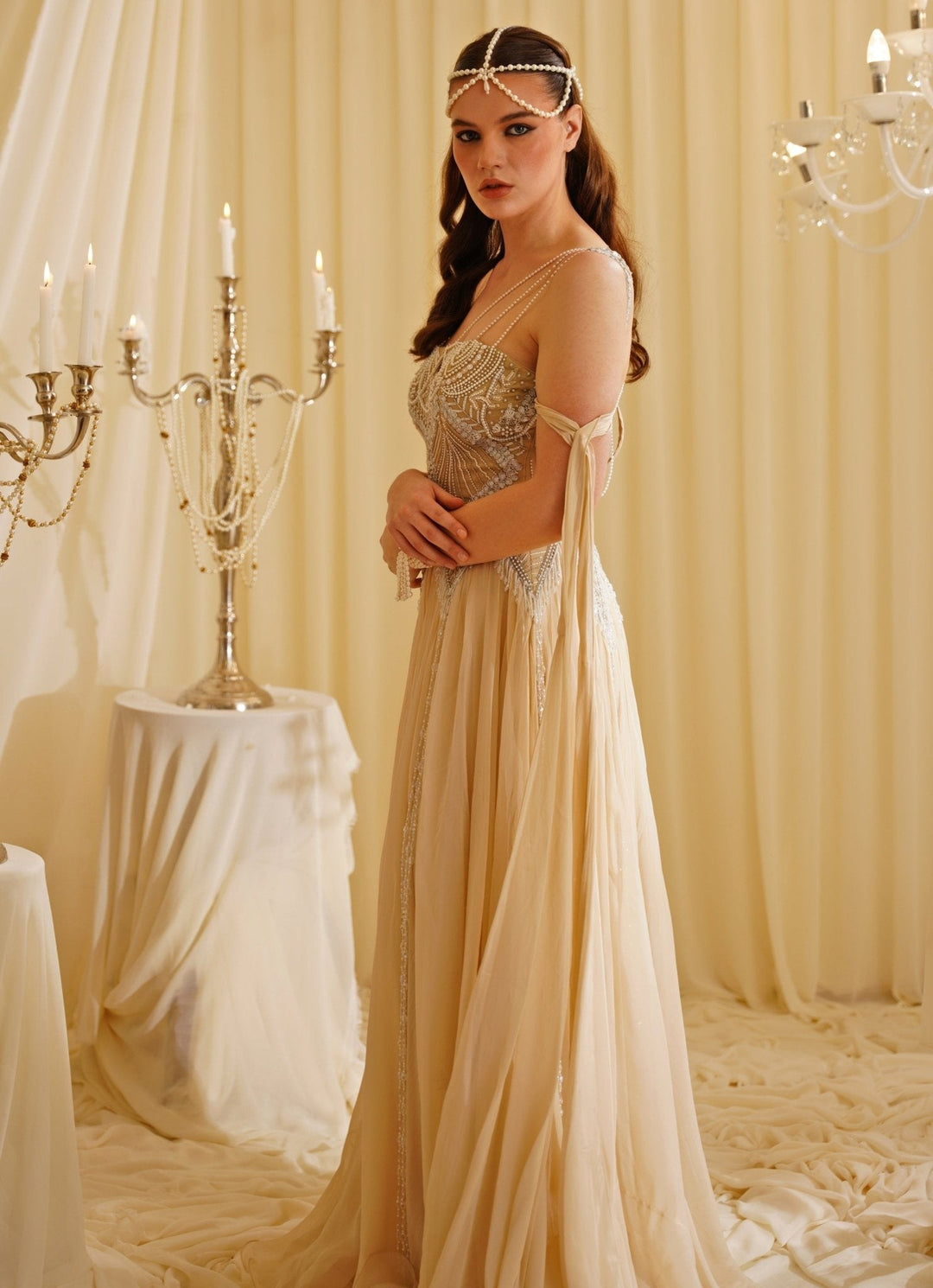 Nude Gold Embroidered Draped Gown Jade by Ashima - Fabilicious Fashion