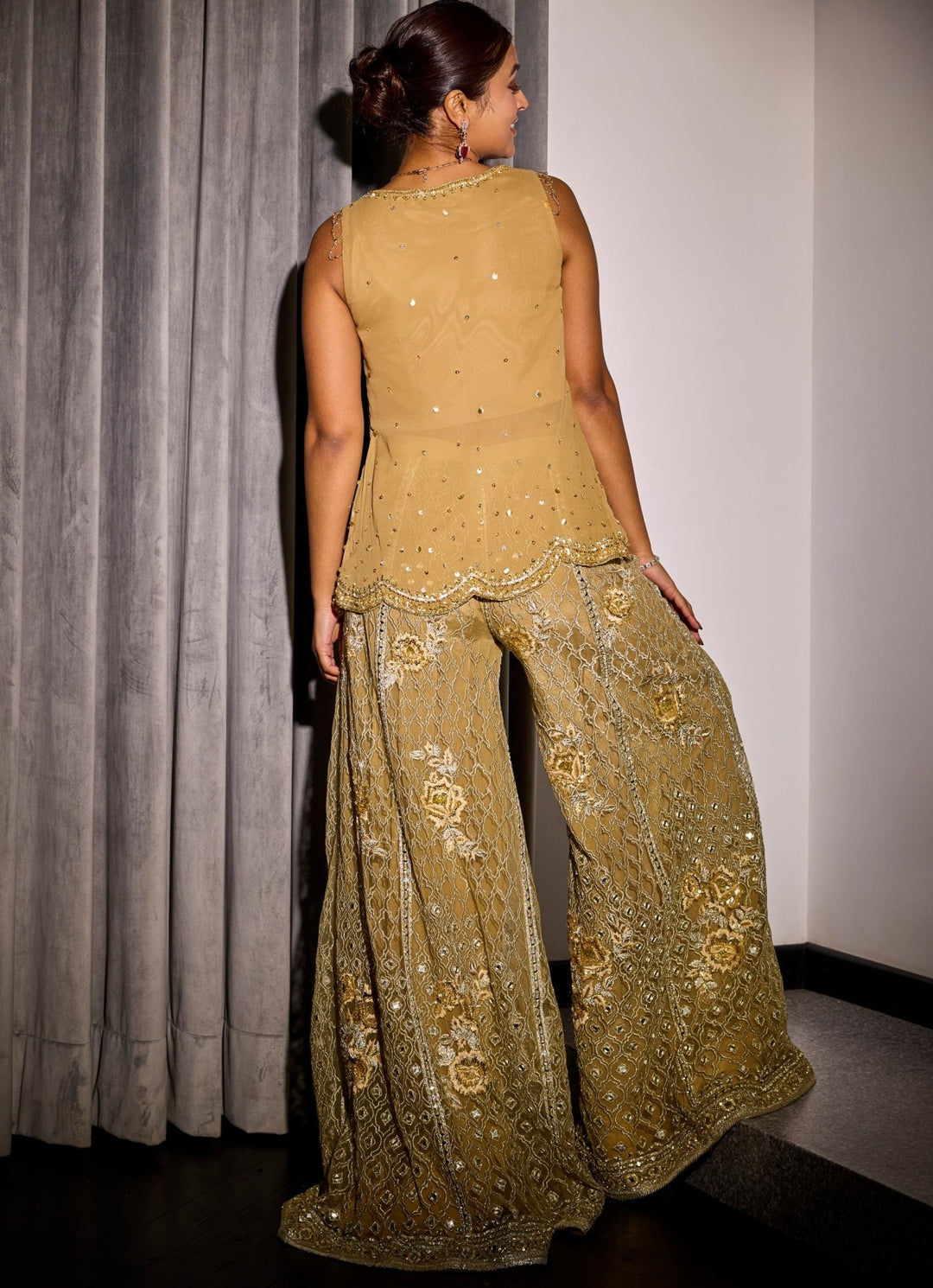 Nude Gold Embroidered Georgette Kurta Pant Set Sanya Gulati - Fabilicious Fashion