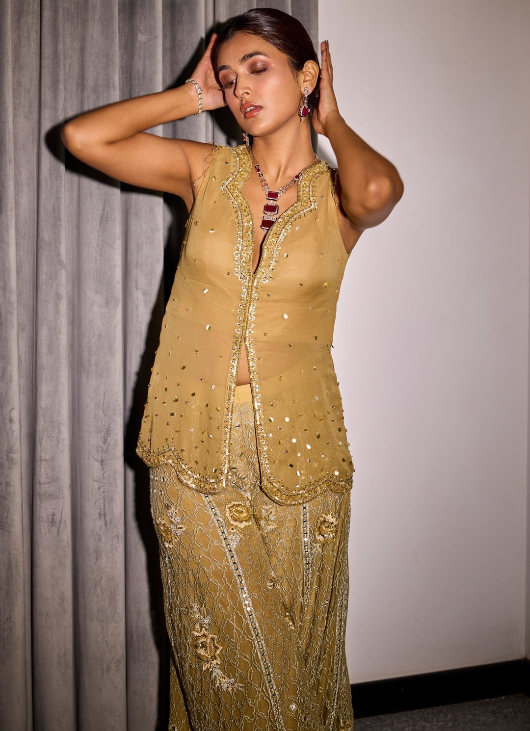 Nude Gold Embroidered Georgette Kurta Pant Set Sanya Gulati - Fabilicious Fashion