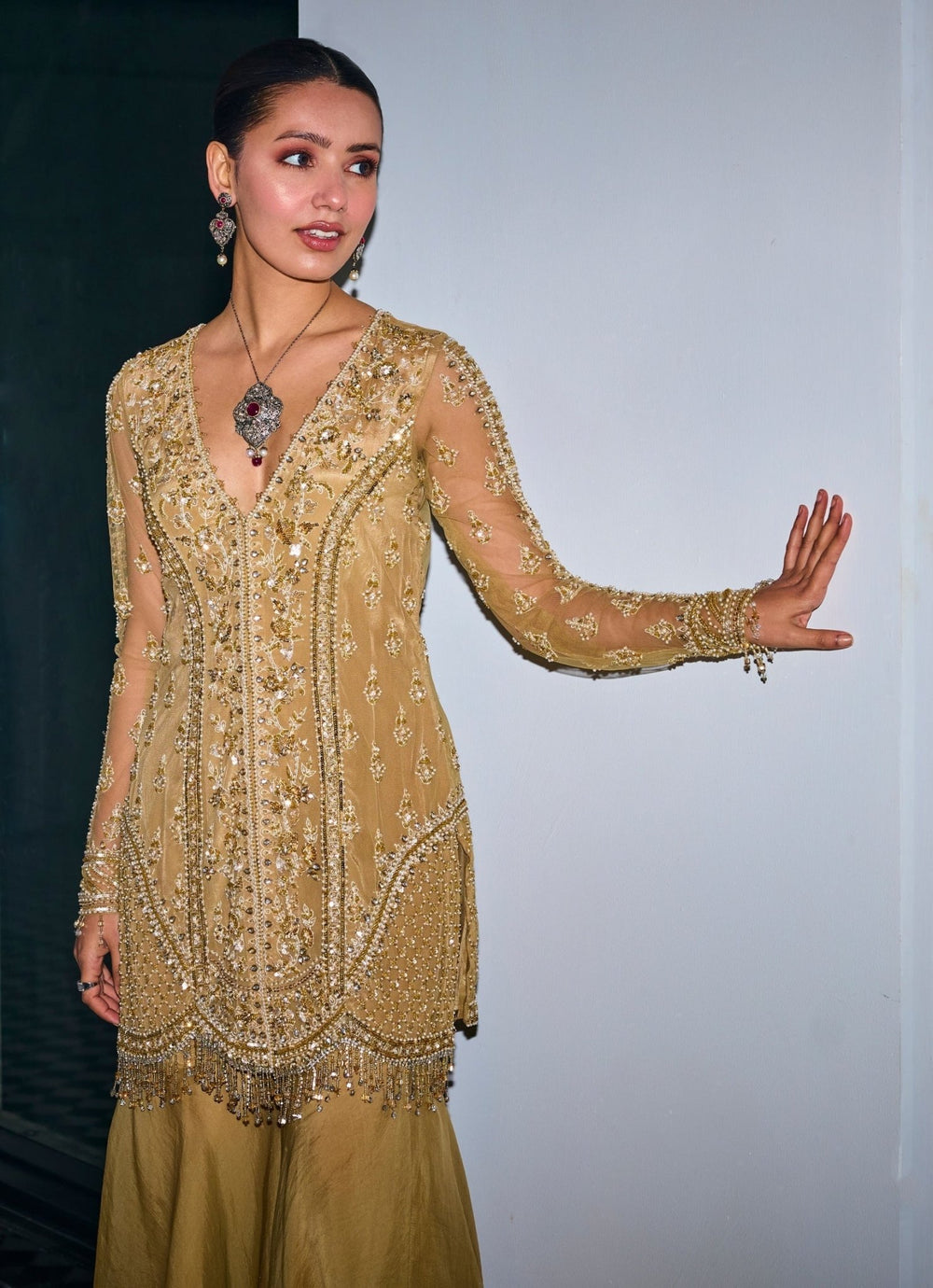 Nude Gold Embroidered Kurta Sharara Set Sanya Gulati - Fabilicious Fashion