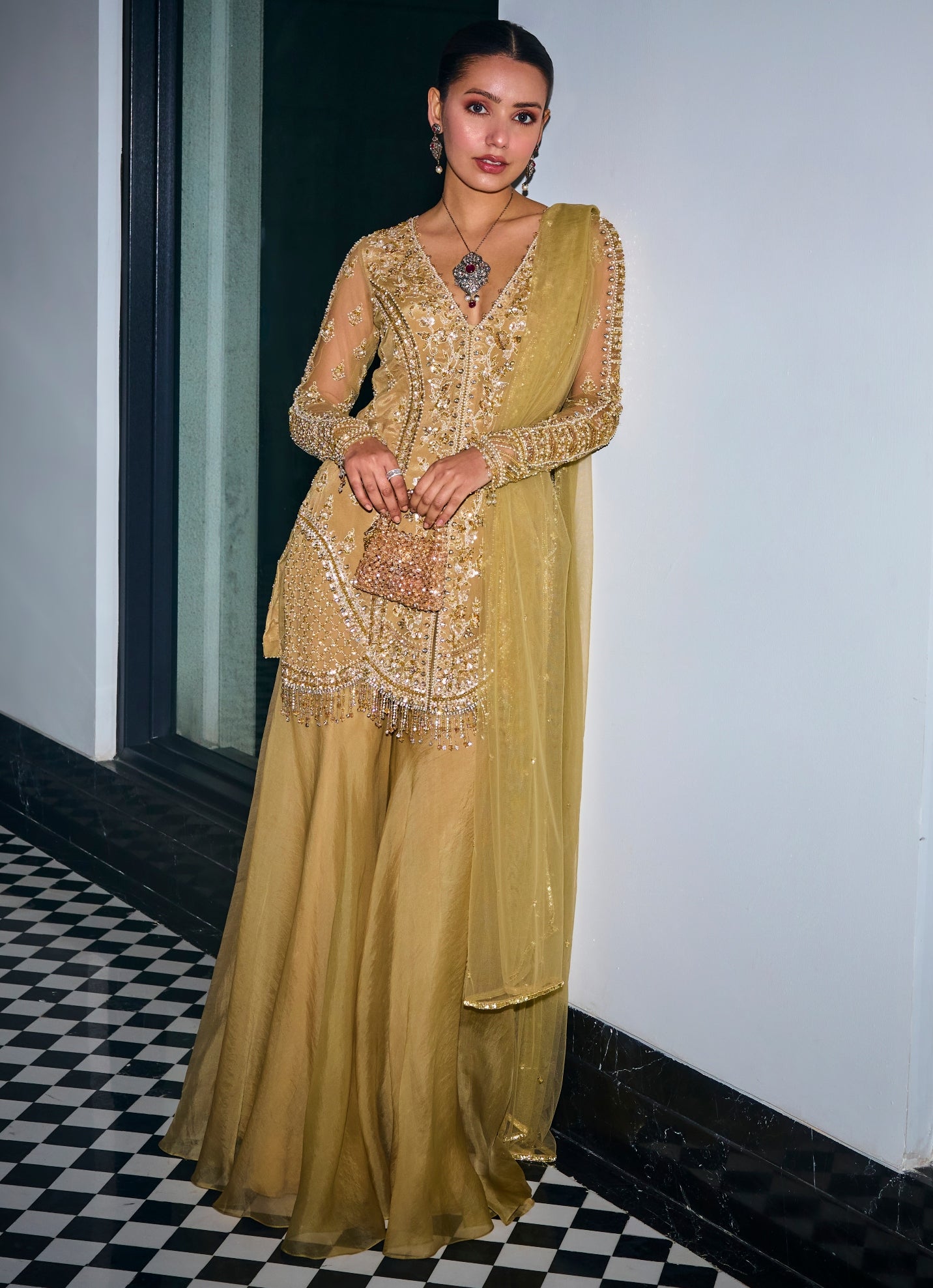Nude Gold Embroidered Kurta Sharara Set