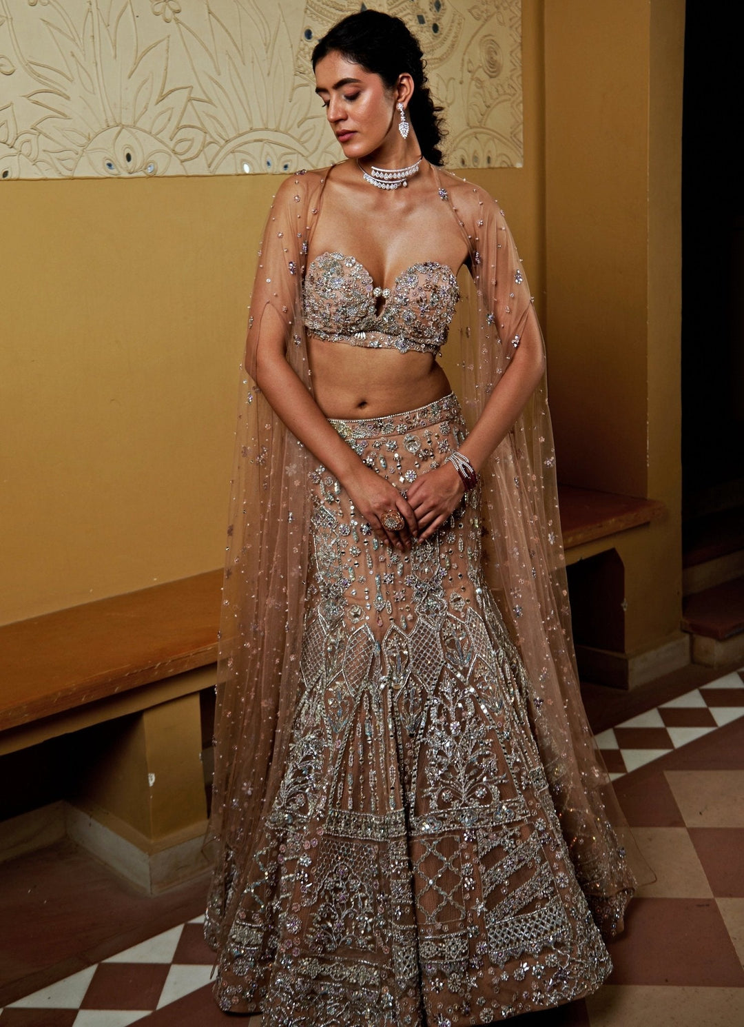 Nude Gold Embroidered Mermaid Lehenga With Strapless Blouse Moledro - Fabilicious Fashion