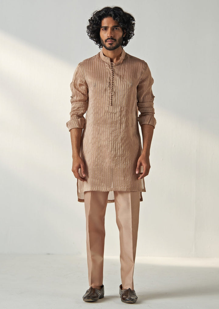 Nude Gold Embroidered Organza Kurta Pant Set Studio Bagechaa - Men - Fabilicious Fashion
