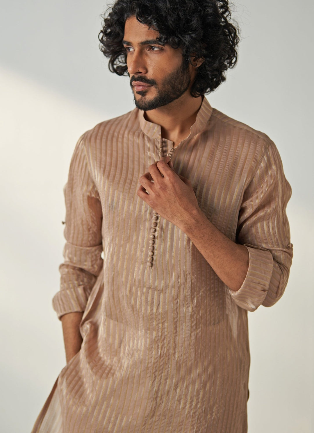Nude Gold Embroidered Organza Kurta Pant Set Studio Bagechaa - Men - Fabilicious Fashion