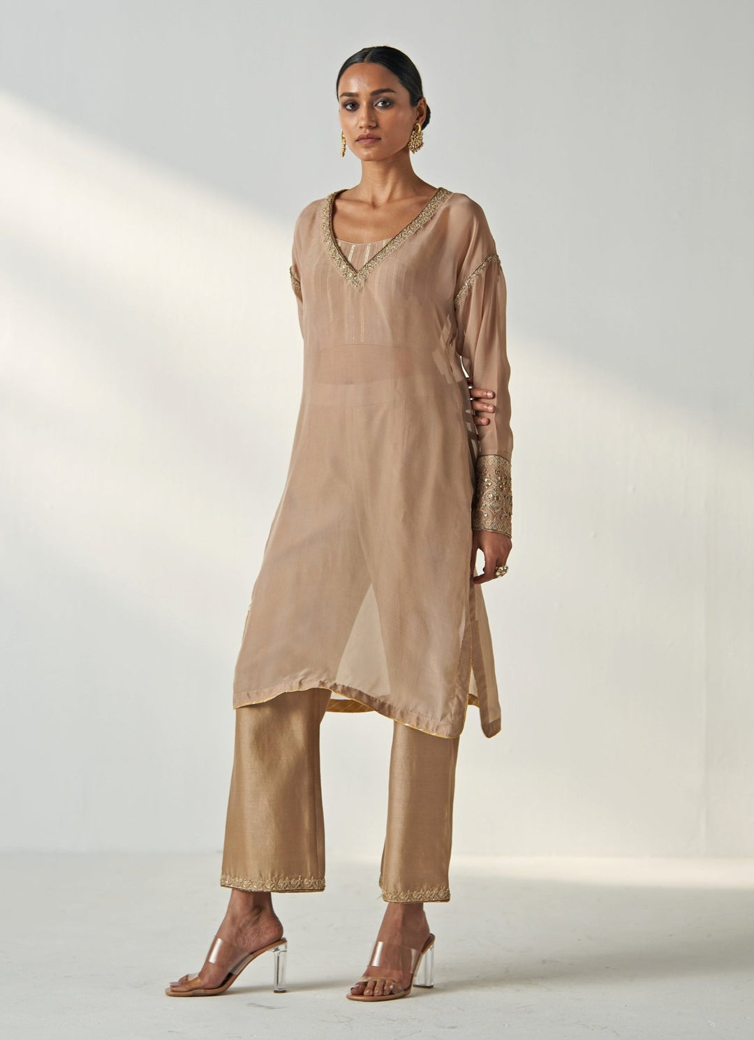 Nude Gold Embroidered Organza Kurta Pant Set Studio Bagechaa - Fabilicious Fashion